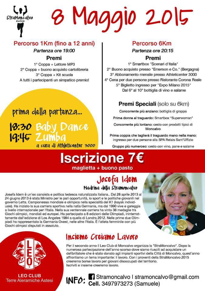 Questa sera si corre la StraMoncalvo con la madrina d'eccezione Josefa Idem