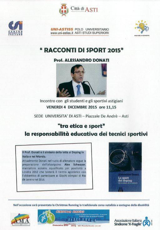 ''Tra etica e sport, la responsabilità educativa dei tecnici sportivi'', in Uni Astiss un incontro con Alessandro Donati