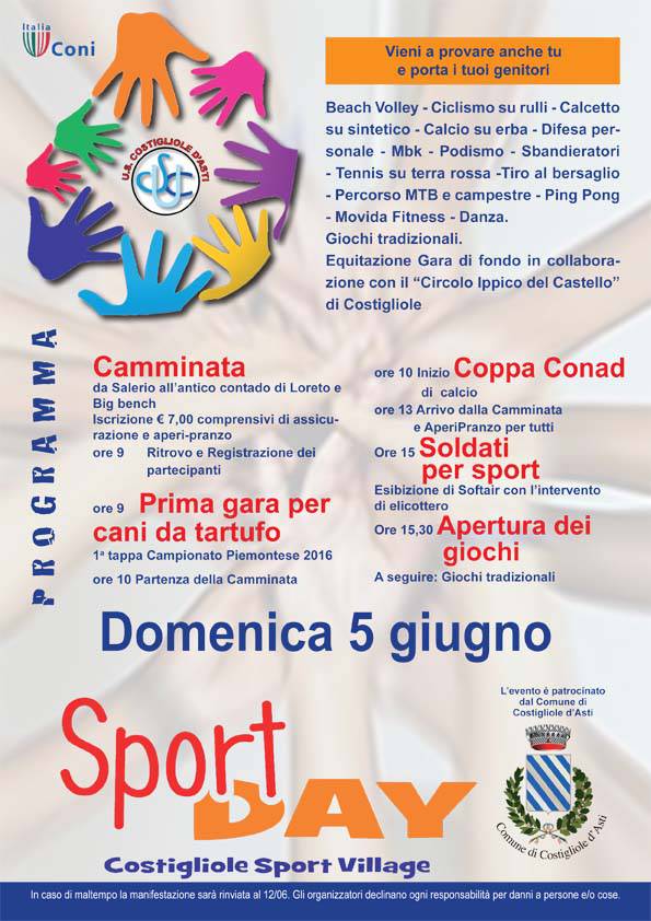 A Costigliole d'Asti il 5 giugno arriva lo Sport Day
