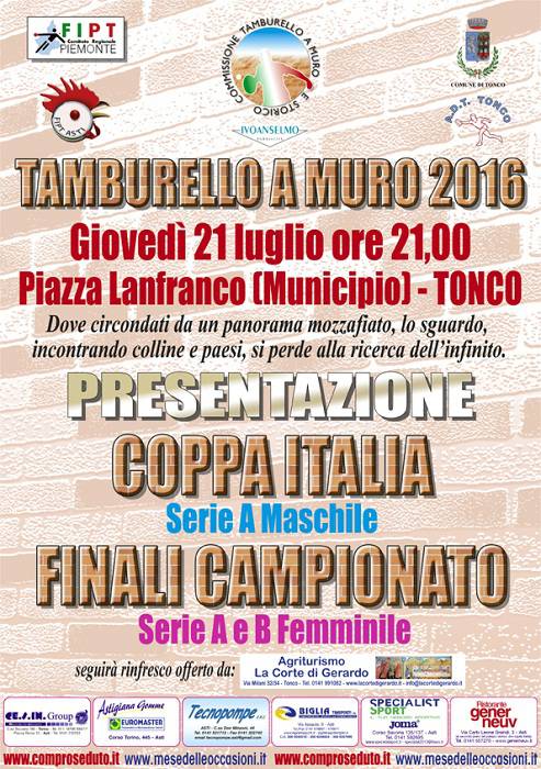 Giovedì a Tonco la presentazione della Coppa Italia 2016 della serie A di Muro
