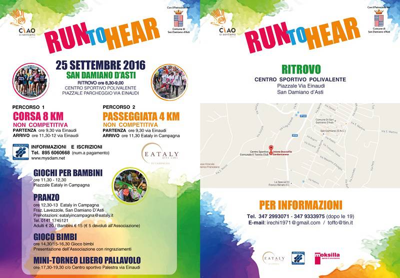 Domenica a San Damiano d'Asti la prima edizione della corsa benefica "Run To Hear"