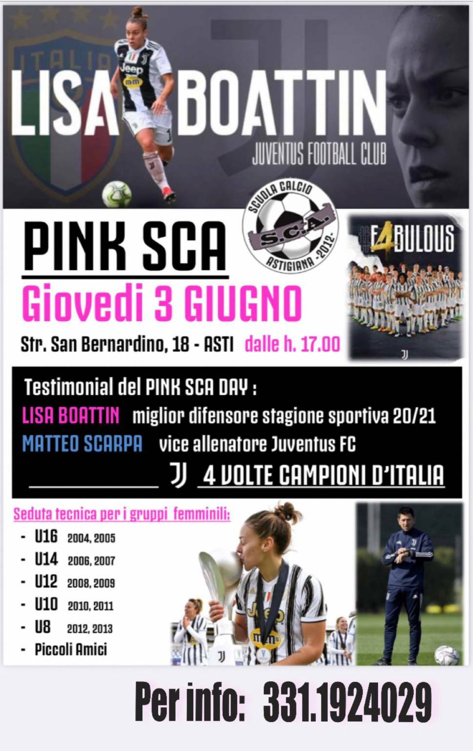 Giovedì 3 giugno si terrà l’evento dedicato alle Pink SCA. Ospiti due tesserati della Juventus femminile campione d’Italia