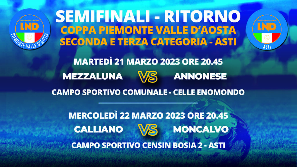 Da questa sera le semifinali di ritorno di Coppa Piemonte VdA Seconda e Terza Categoria Asti